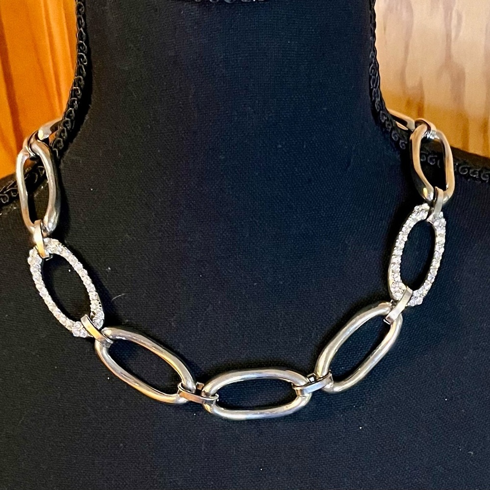Bold Silver Chunky Link Statement Necklace Pave Crystal Accents Boutique 20 Inch